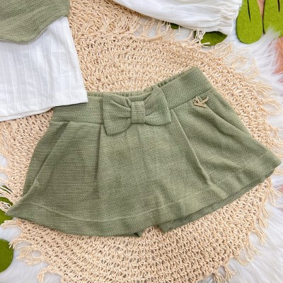 Conj. Colete com Botões, Blusa Manga Longa e Short Saia com Laço - Verde Oliva 